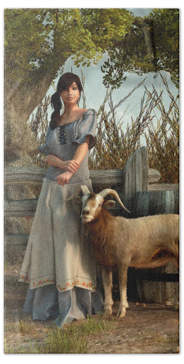 Goat Art Bath Towel featuring the digital art The Farmer's Daughter by Daniel Eskridge