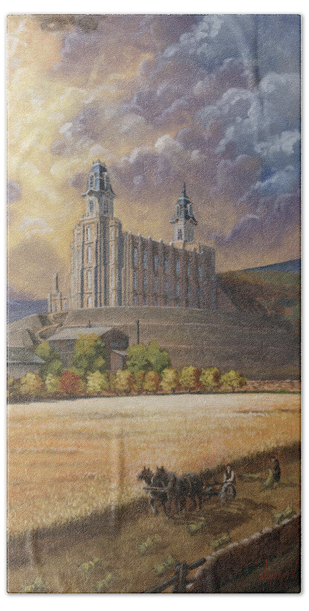 Manti Temple Bath Towel featuring the painting The Field is White by Jeff Brimley