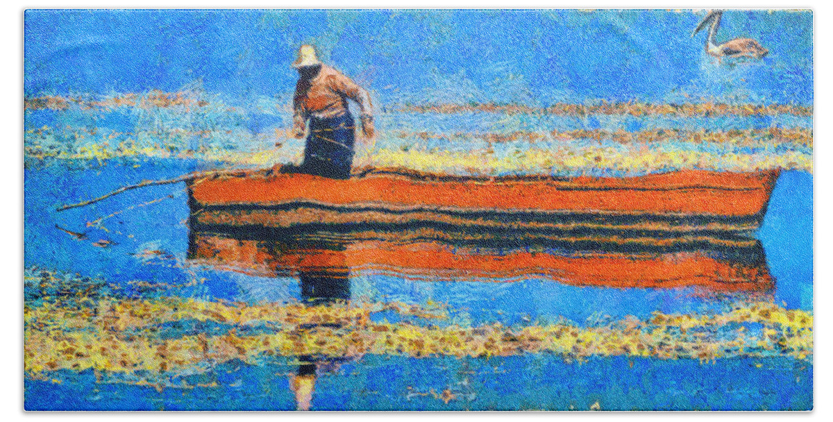 Rossidis Bath Towel featuring the painting The fisherman by George Rossidis
