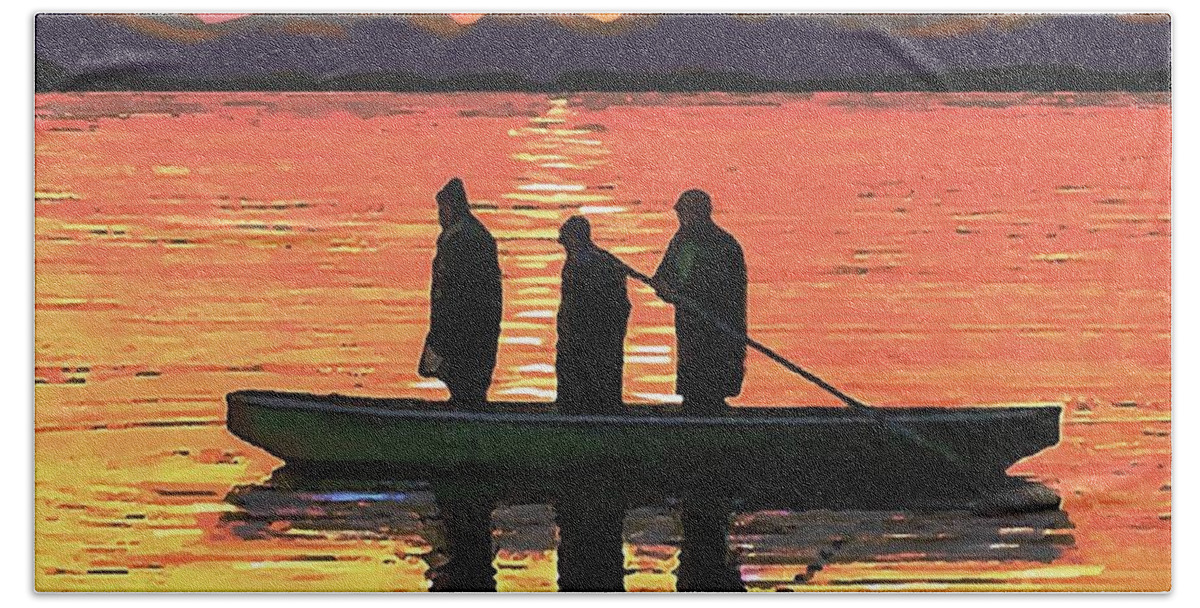 Fishing Bath Towel featuring the painting The Fishermen by SophiaArt Gallery