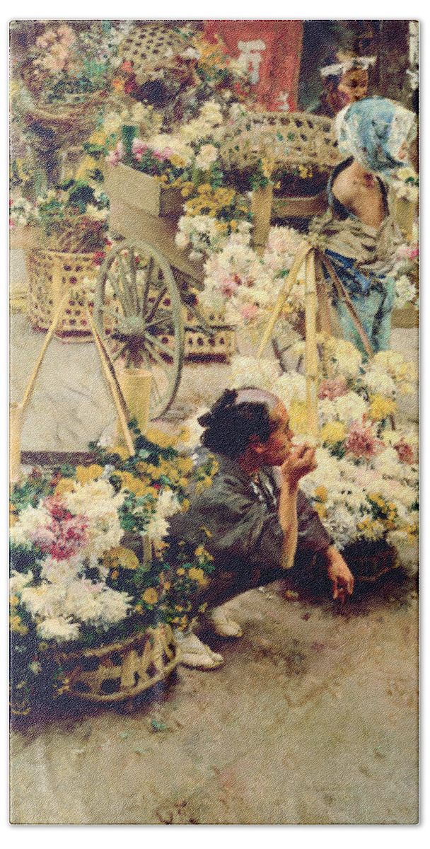 Seller Hand Towel featuring the painting The Flower Market, Tokyo, 1892 by Robert Frederick Blum