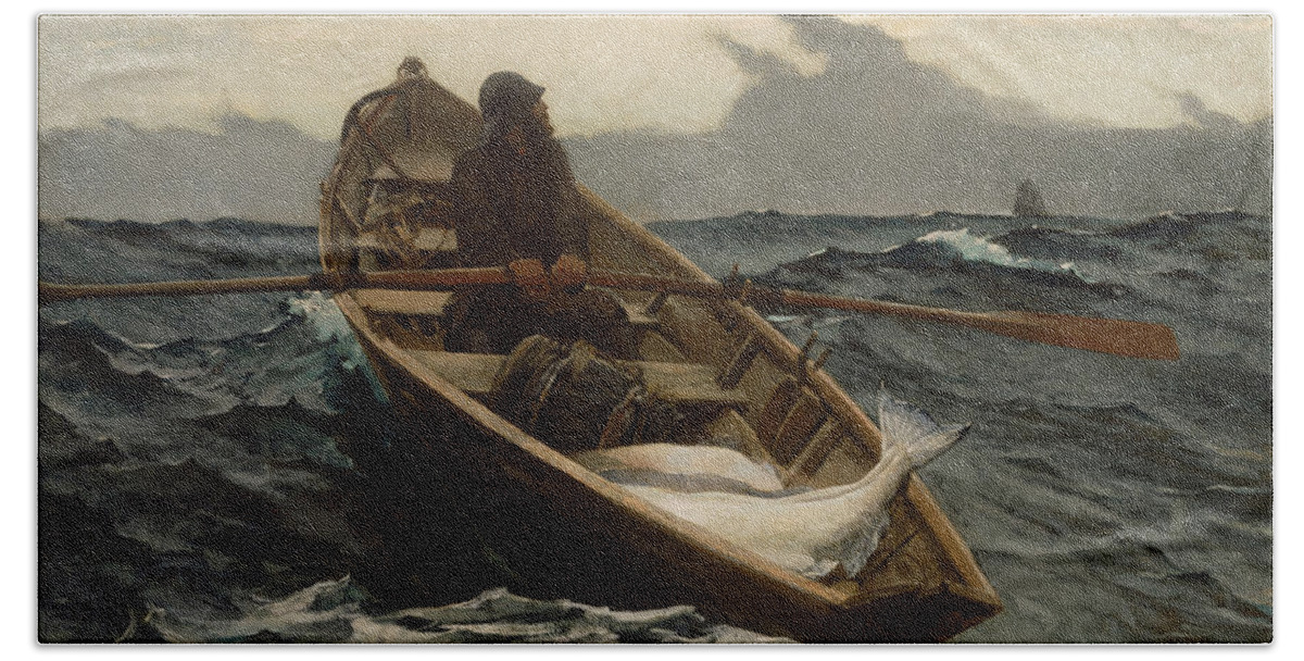 Winslow Homer Hand Towel featuring the painting The Fog Warning .Halibut Fishing by Winslow Homer