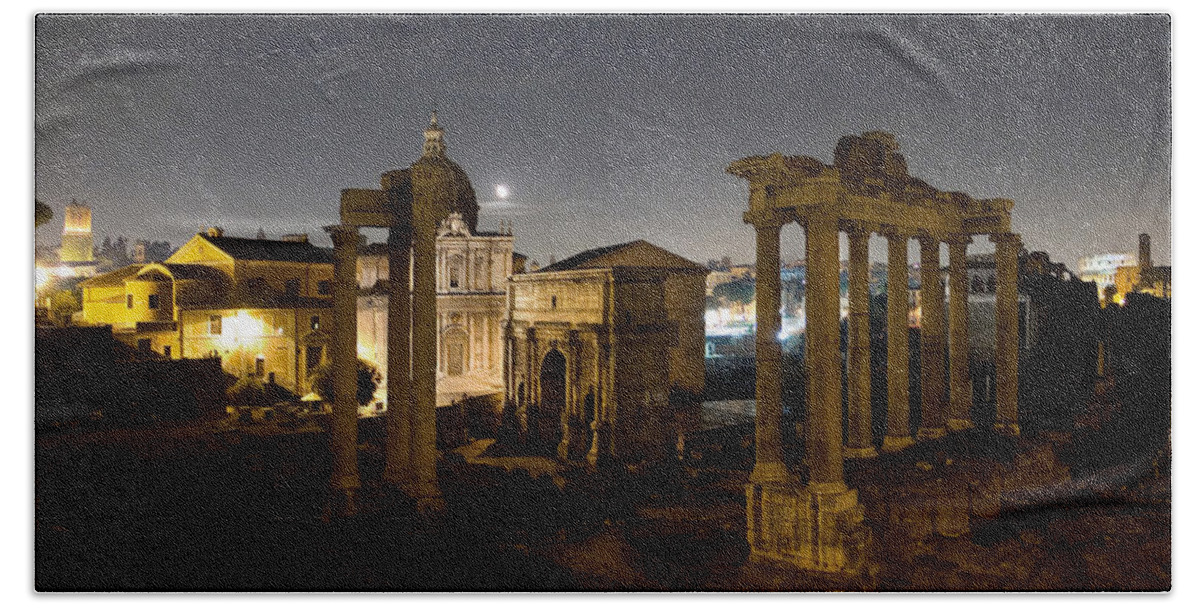 Forum Bath Towel featuring the photograph The Forum Temples at Night by Weston Westmoreland