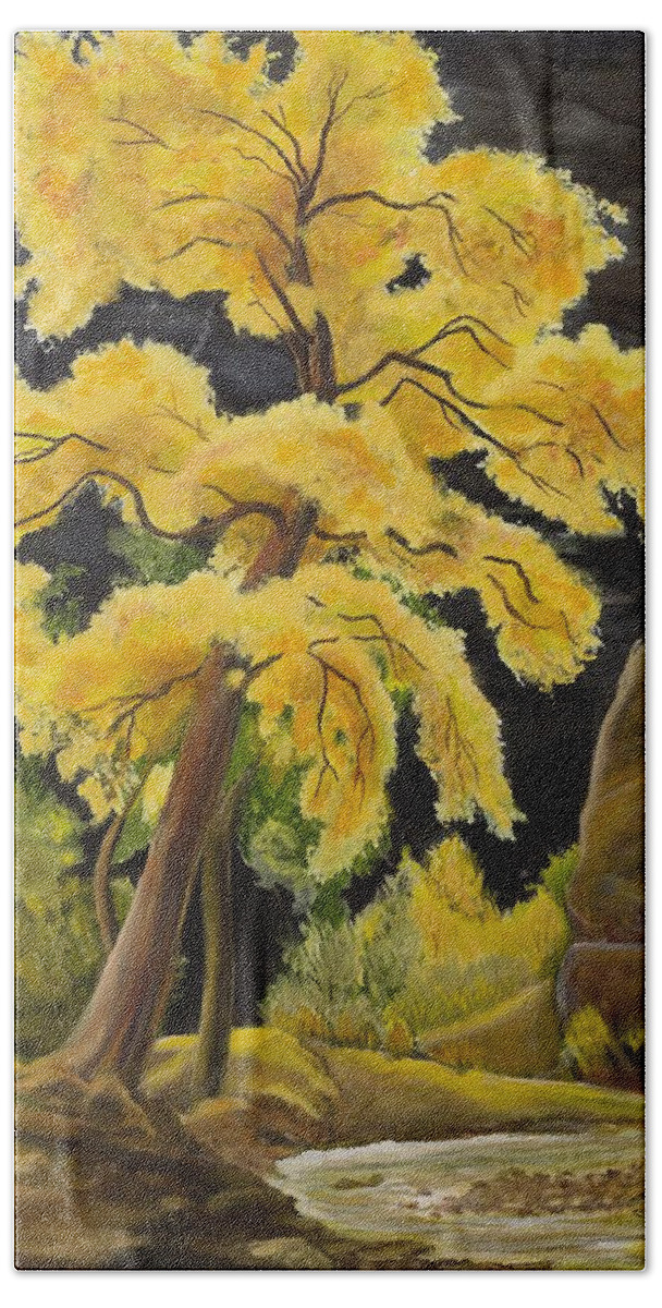 Tree Bath Towel featuring the painting The Golden Tree by Gladys Berchtold