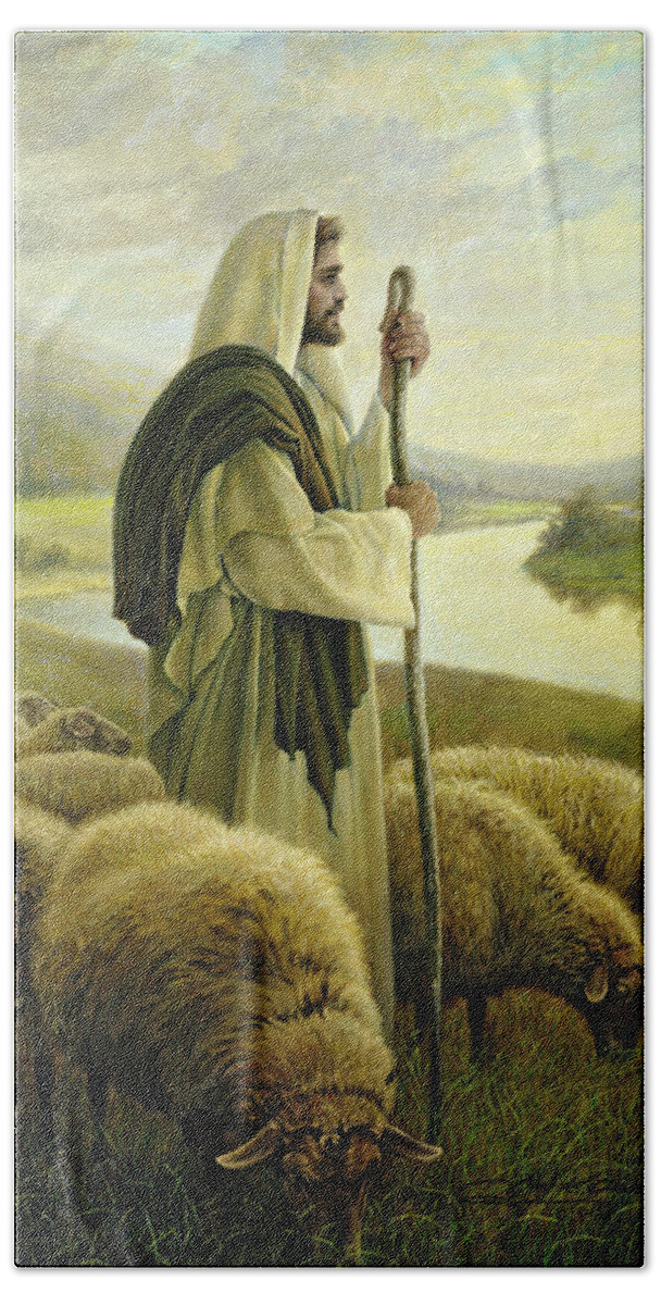 Jesus Bath Sheet featuring the painting The Good Shepherd by Greg Olsen