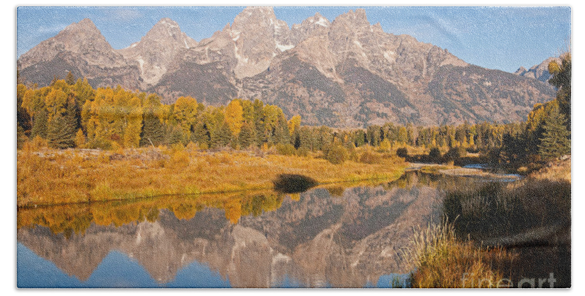 Grand Teton Np Bath Towel featuring the photograph The Grand Tetons at Schwabacher Landing Grand Teton National Park by Fred Stearns
