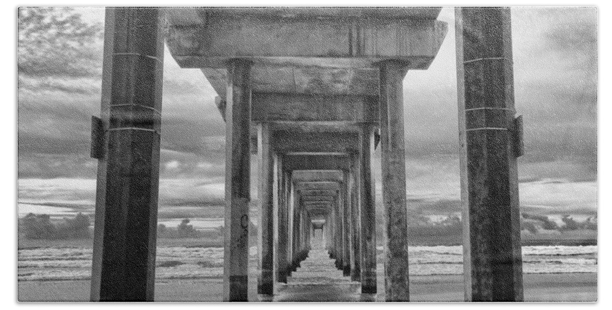 Sunset Bath Sheet featuring the photograph The Iconic Scripps Pier by Larry Marshall
