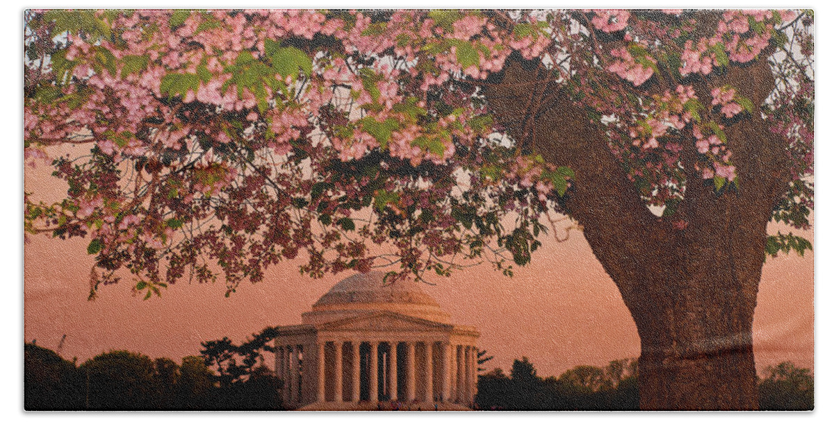 America Bath Towel featuring the photograph The Jefferson Memorial Framed by a Cherry Tree by Mitchell R Grosky
