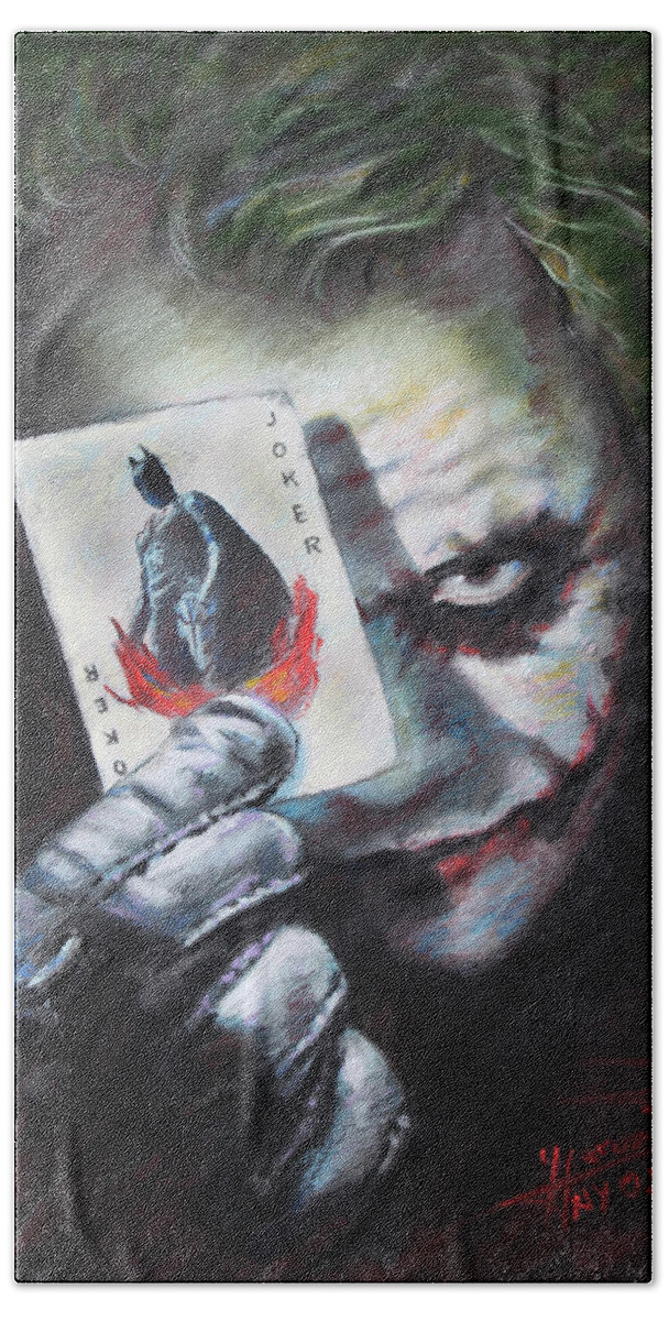 The Joker Heath Ledger Hand Towel featuring the drawing The Joker Heath Ledger by Viola El