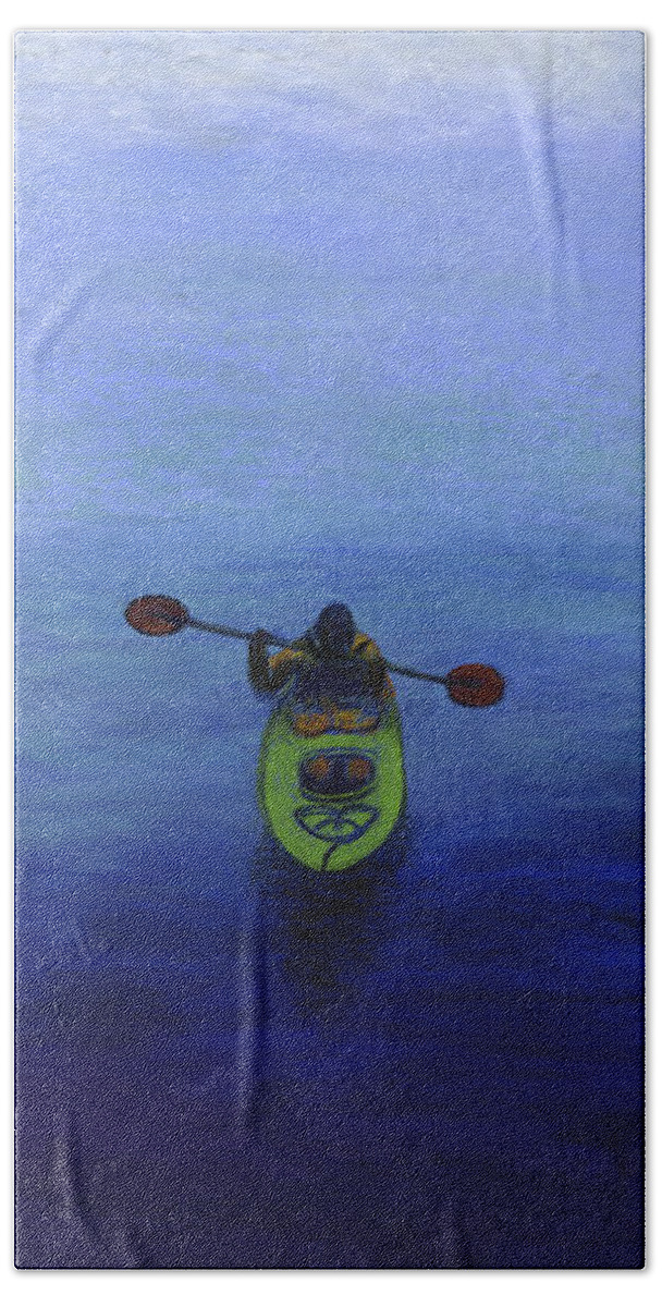 Kayak Bath Towel featuring the painting The Kayaker by Ginny Neece