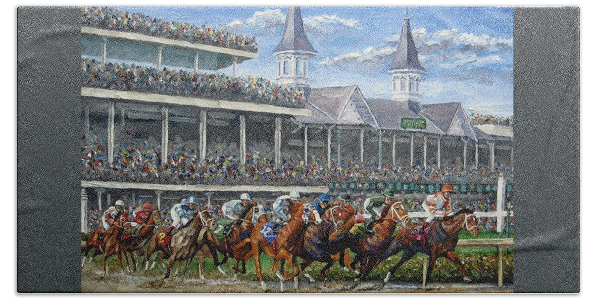 Kentucky Derby Hand Towel featuring the painting The Kentucky Derby - Churchill Downs by Mike Rabe