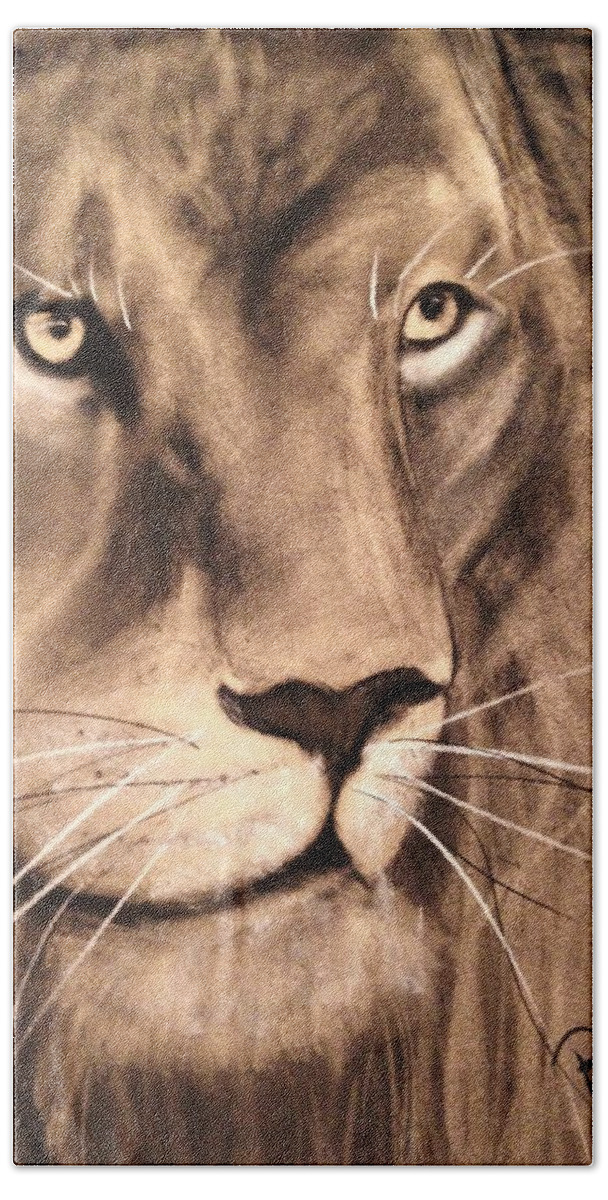 Lion Bath Towel featuring the drawing The King by Renee Michelle Wenker