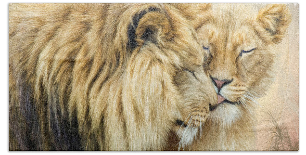 Lion Bath Towel featuring the mixed media The Kiss by Carol Cavalaris