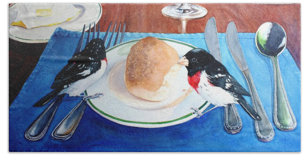  Grosbeak Bath Towel featuring the painting The Local Lunch Crowd by Brenda Beck Fisher