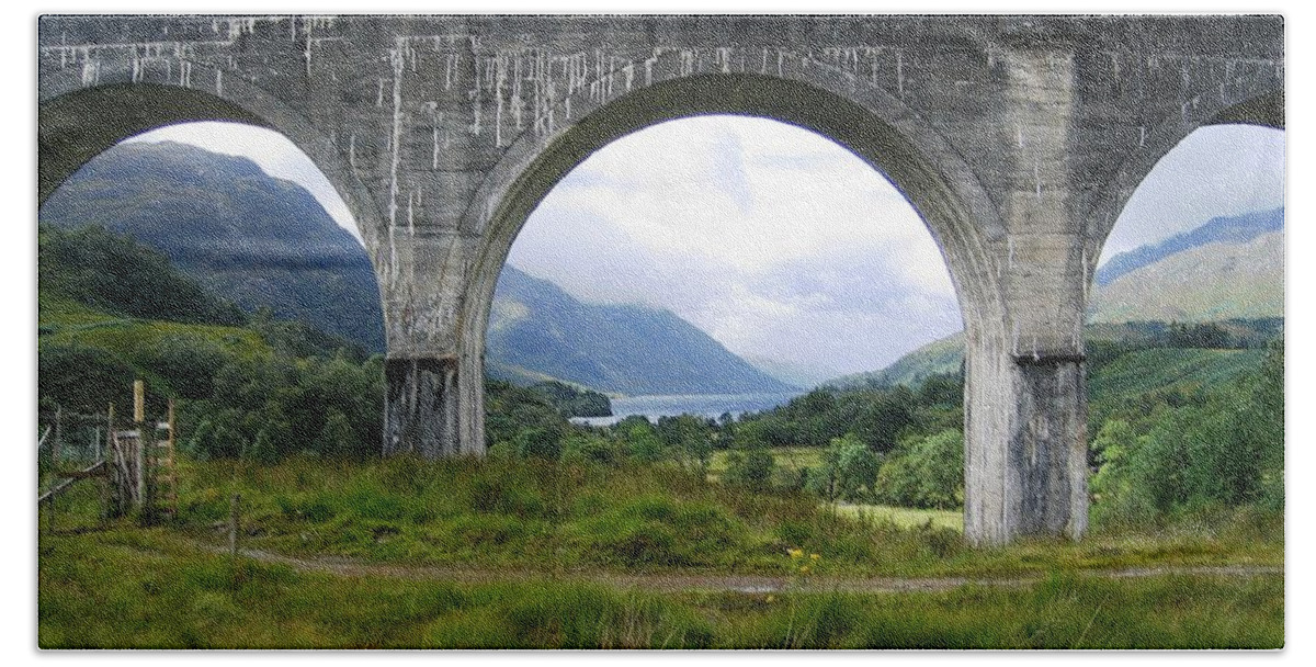 Scottish Highlands Bath Towel featuring the photograph The Loch and The Viaduct by Denise Railey