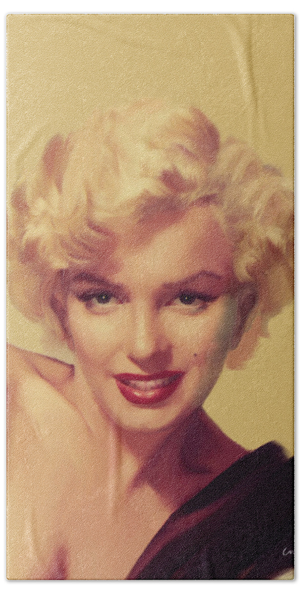 Marilyn Hand Towel featuring the painting The Look In Gold by Chris Consani