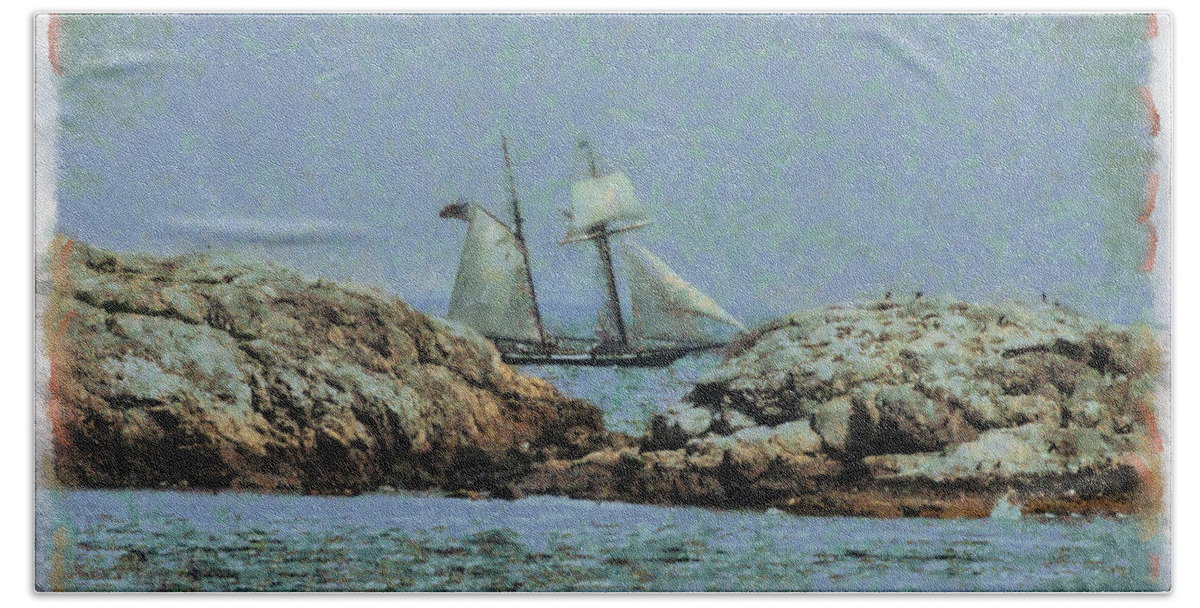1812 Baltimore Clipper Schooner Bath Towel featuring the photograph The Lynx seen past the dangerous rocks off Marblehead MA. by Jeff Folger