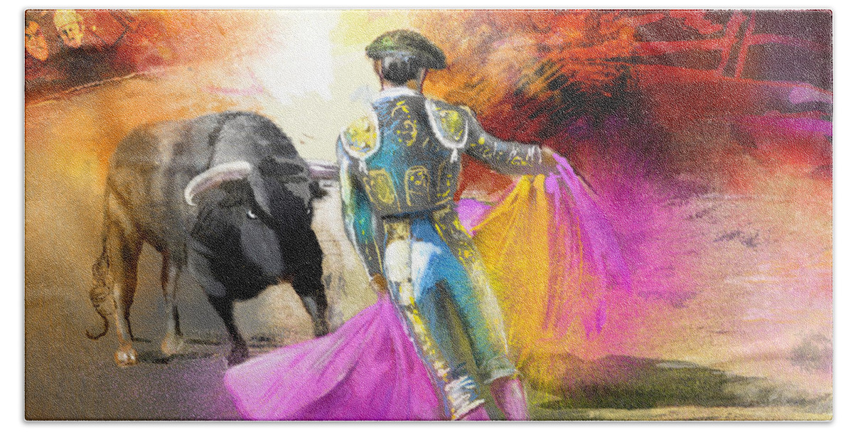 Bulls Bath Towel featuring the painting The Man Who Fights The Bull by Miki De Goodaboom
