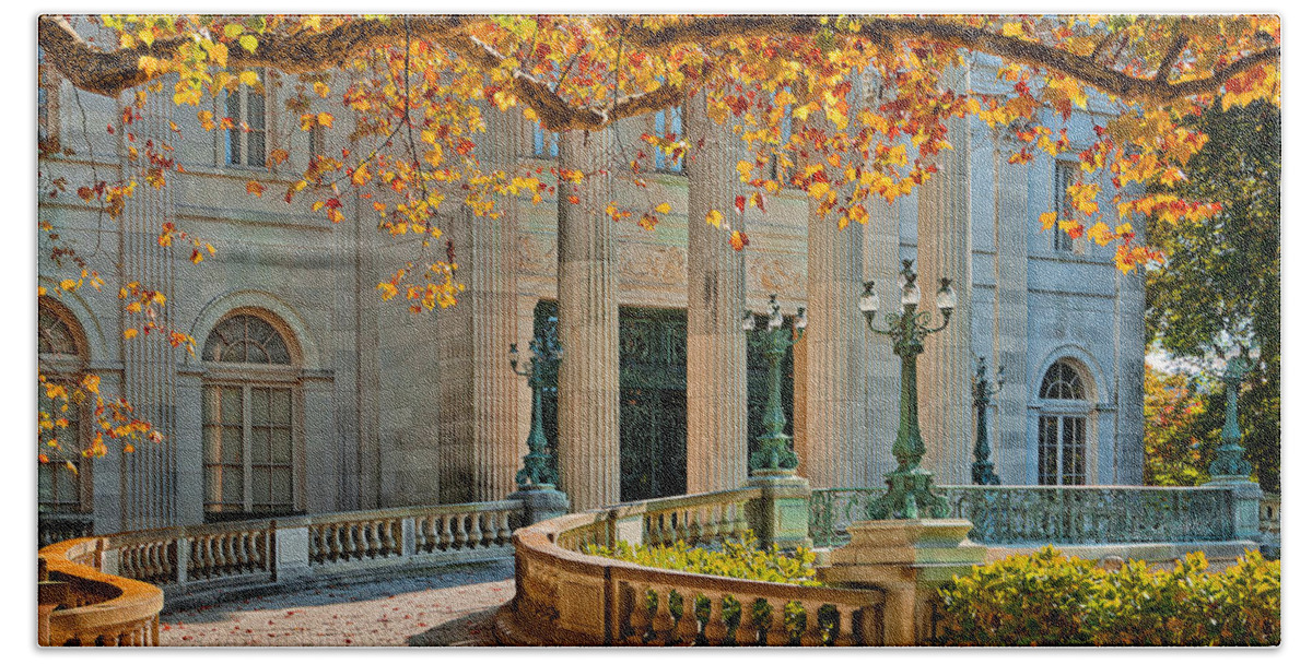 Newport Bath Towel featuring the photograph The Marble House in Autumn by Mitchell R Grosky