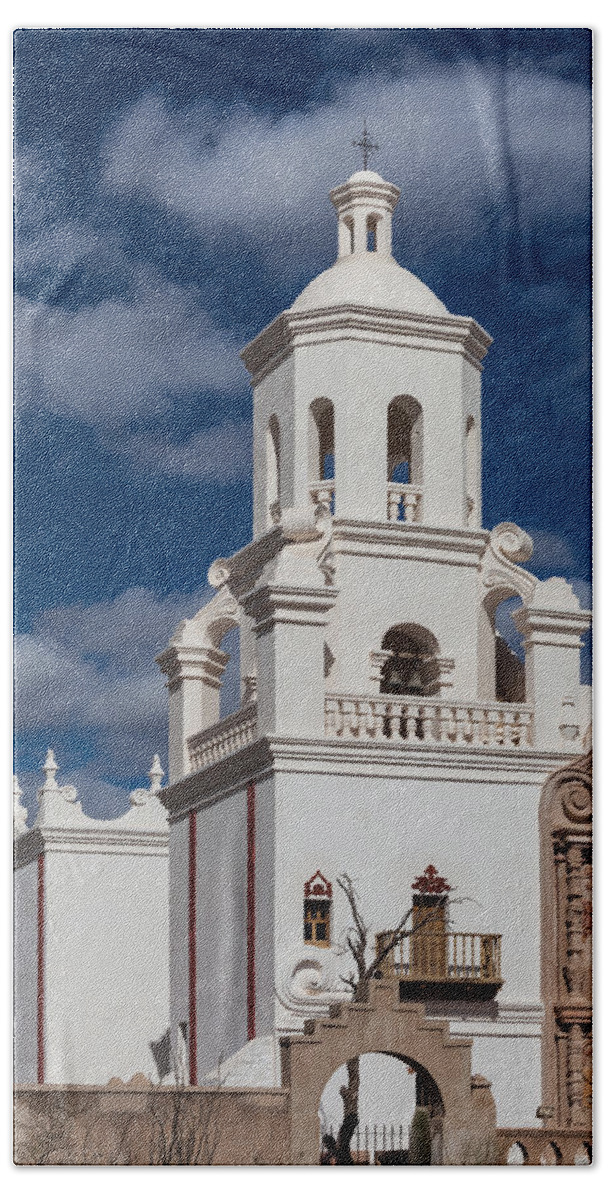 Mission Bath Towel featuring the photograph The Mission Tower at San Xavier by Ed Gleichman