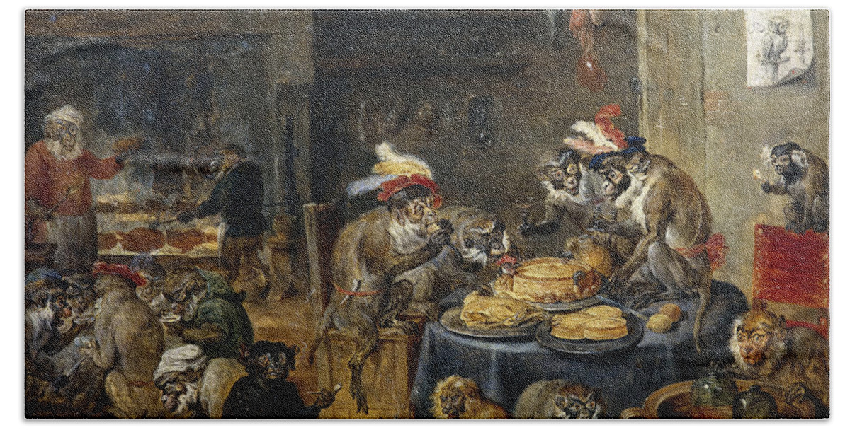 David Teniers The Younger Bath Towel featuring the painting The Monkeys' Banquet by David Teniers the Younger