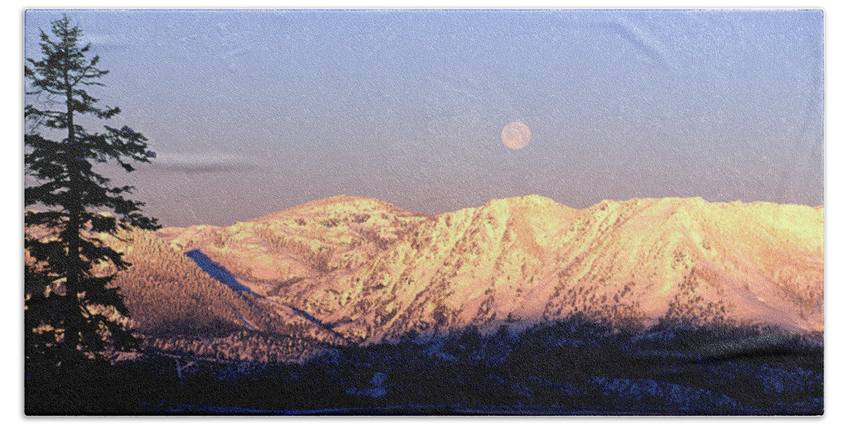 California Bath Sheet featuring the photograph The Moon Over The Lake At Sunrise by Corey Rich