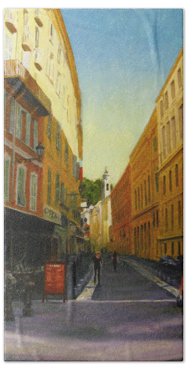 Nice Bath Towel featuring the painting The Morning's Shopping in Vieux Nice by Connie Schaertl