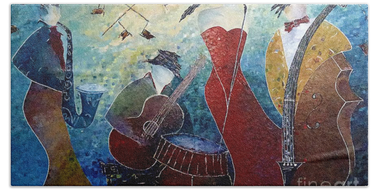 Music Bath Towel featuring the painting The Music Never Stopped 2 by Amalia Suruceanu