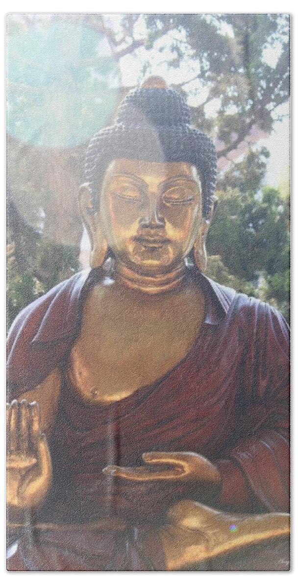 Mystical Hand Towel featuring the photograph The Mystical Golden Buddha by Amy Gallagher