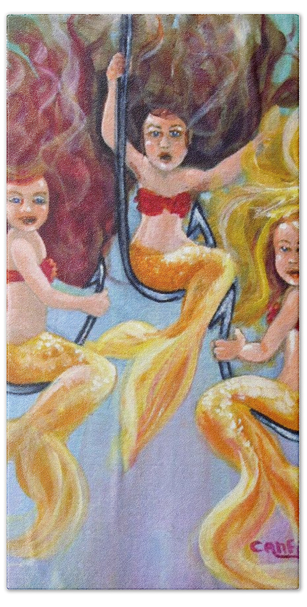 Mermaids Bath Towel featuring the painting The Neptunes -- Golden Girls by Carol Allen Anfinsen