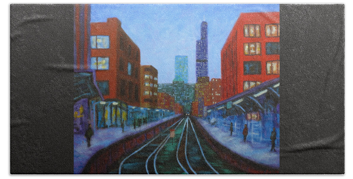Chicago Art Bath Towel featuring the painting The Next Train by J Loren Reedy