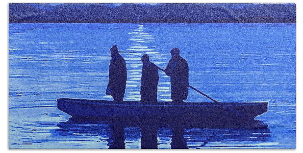 Fishing Bath Towel featuring the painting The Night Fishermen by SophiaArt Gallery