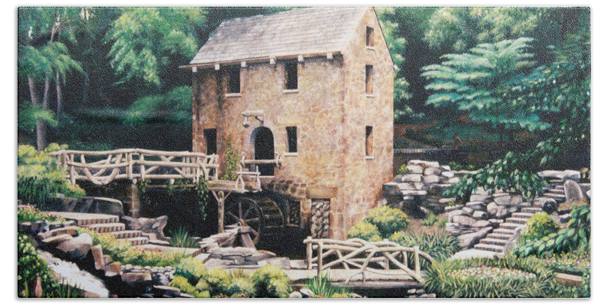 Gone With The Wind Bath Towel featuring the painting The Old Mill by Glenn Pollard