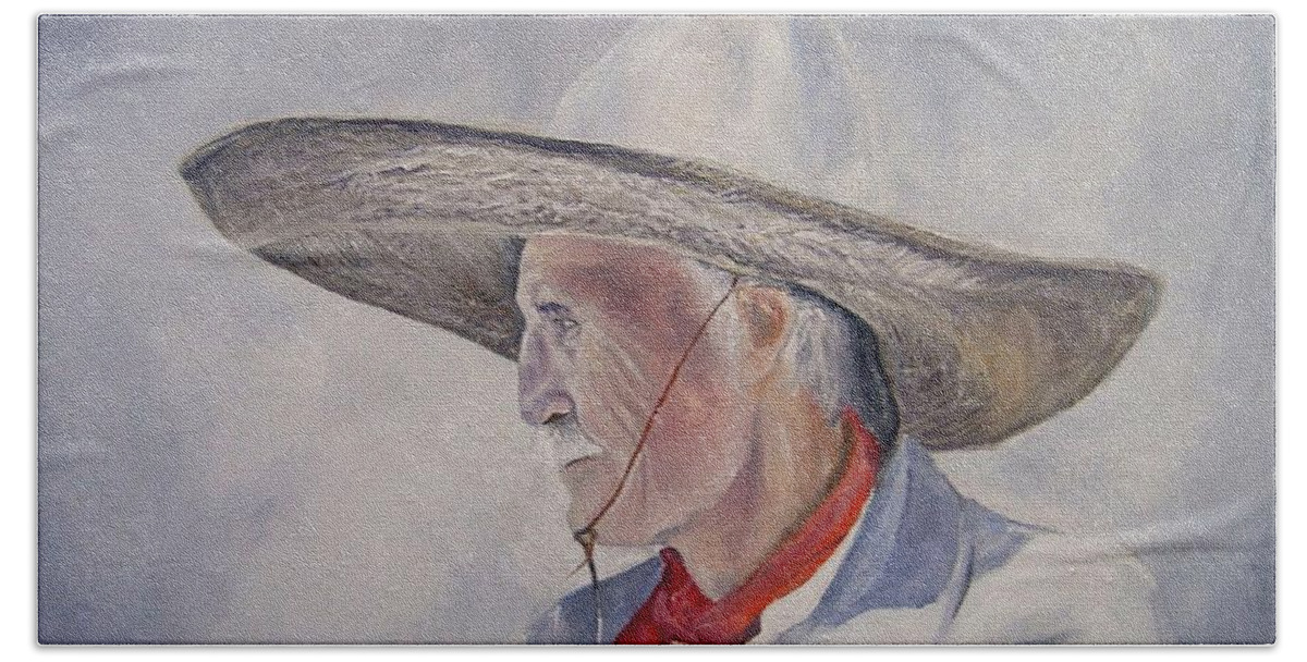Mexican Cowboy Hand Towel featuring the painting The Old Vaquero by Barry BLAKE