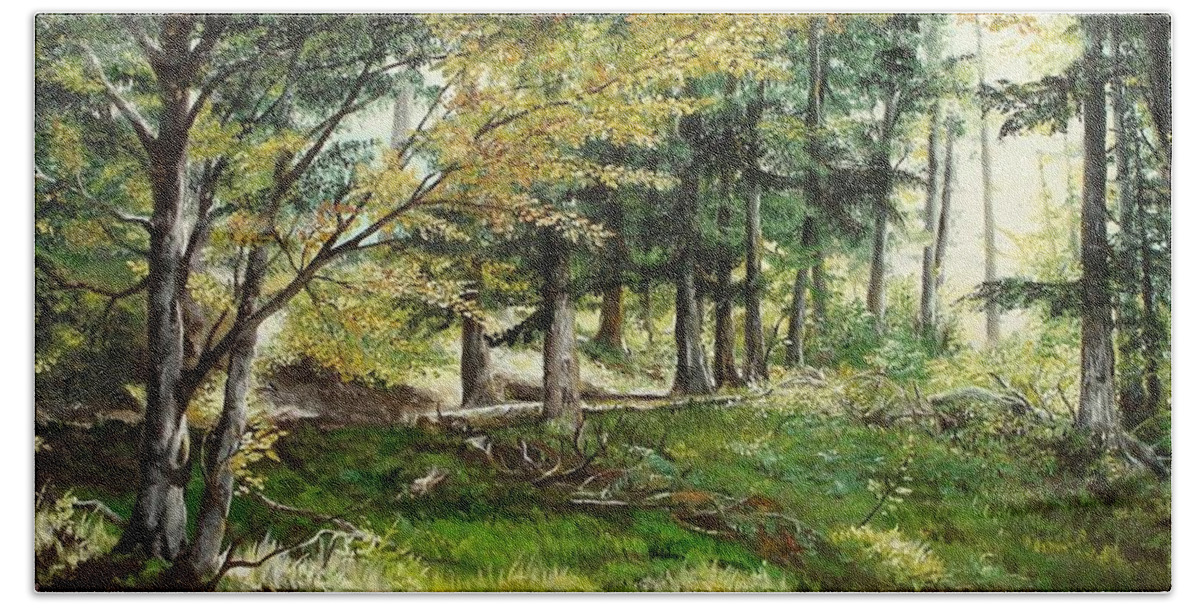 Forest Hand Towel featuring the painting The Path by Sorin Apostolescu