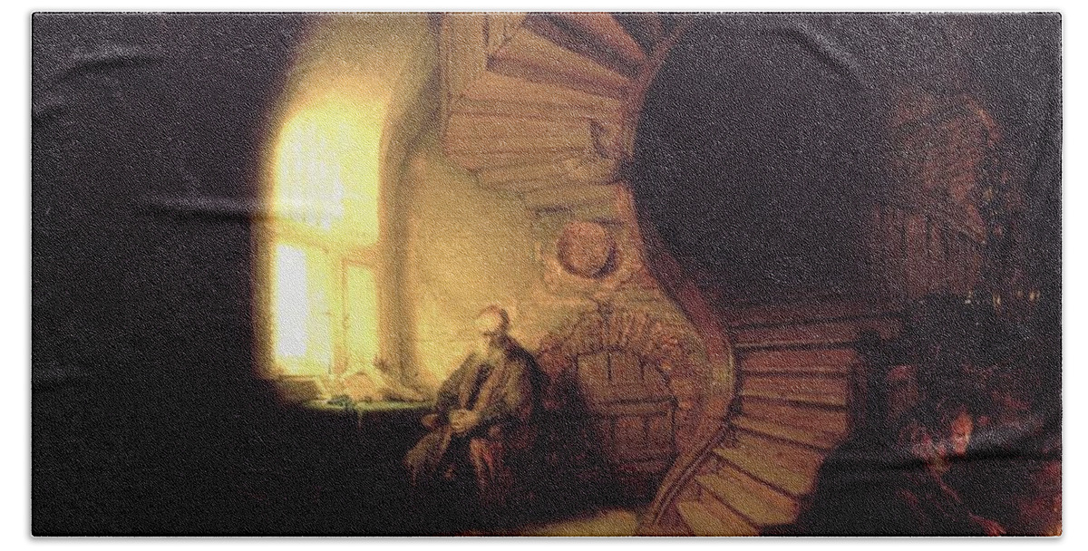 1632 Bath Towel featuring the painting The Philosopher in meditation by Rembrandt van Rijn