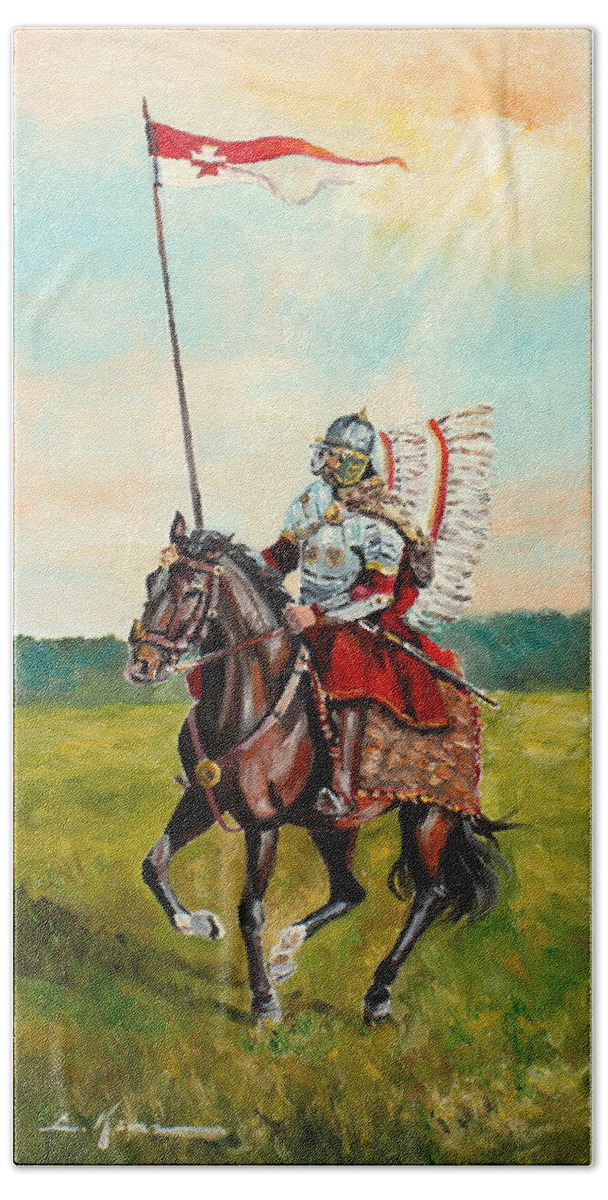 Hussar Hand Towel featuring the painting The Polish Winged Hussar by Luke Karcz