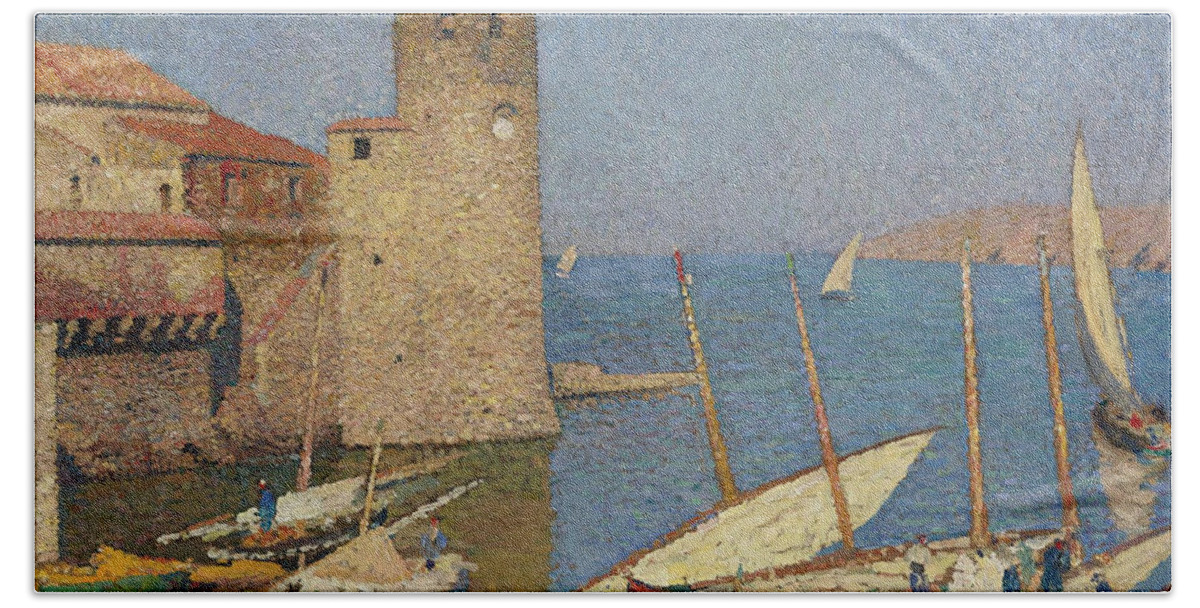 Henri Martin Bath Towel featuring the painting The Port of Collioure by Henri Martin