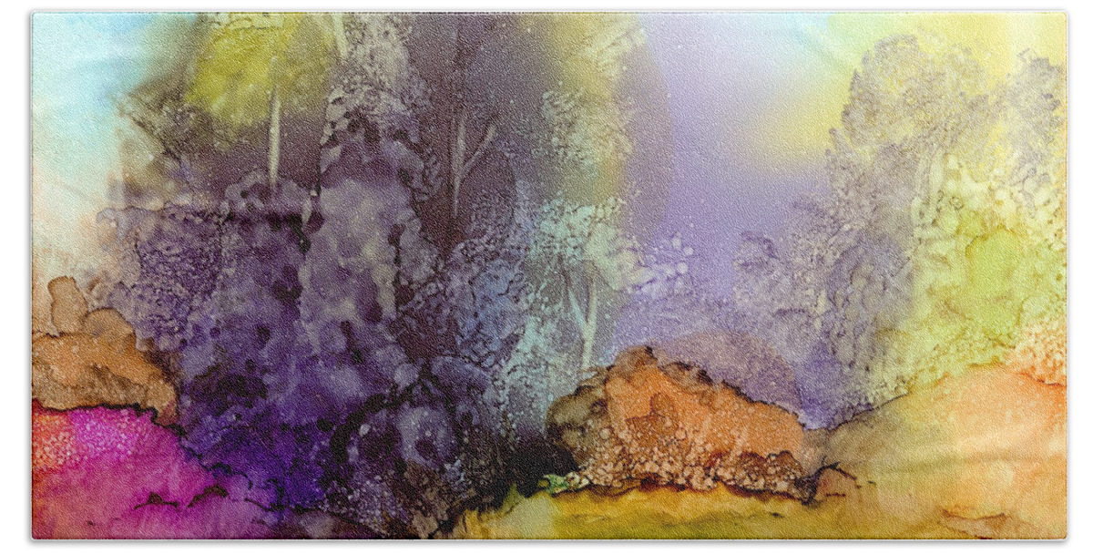 Nature Bath Towel featuring the painting The Purple Tree by Karen Mattson