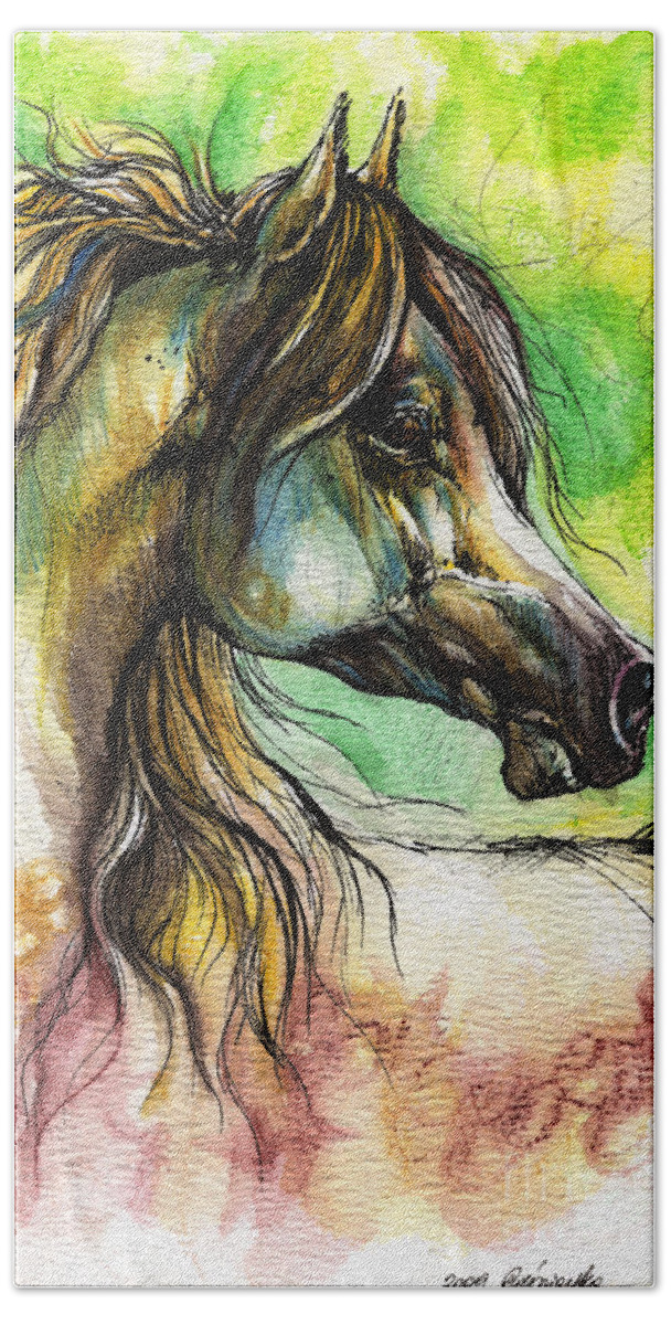 Horse Hand Towel featuring the painting The Rainbow Colored Arabian Horse by Ang El
