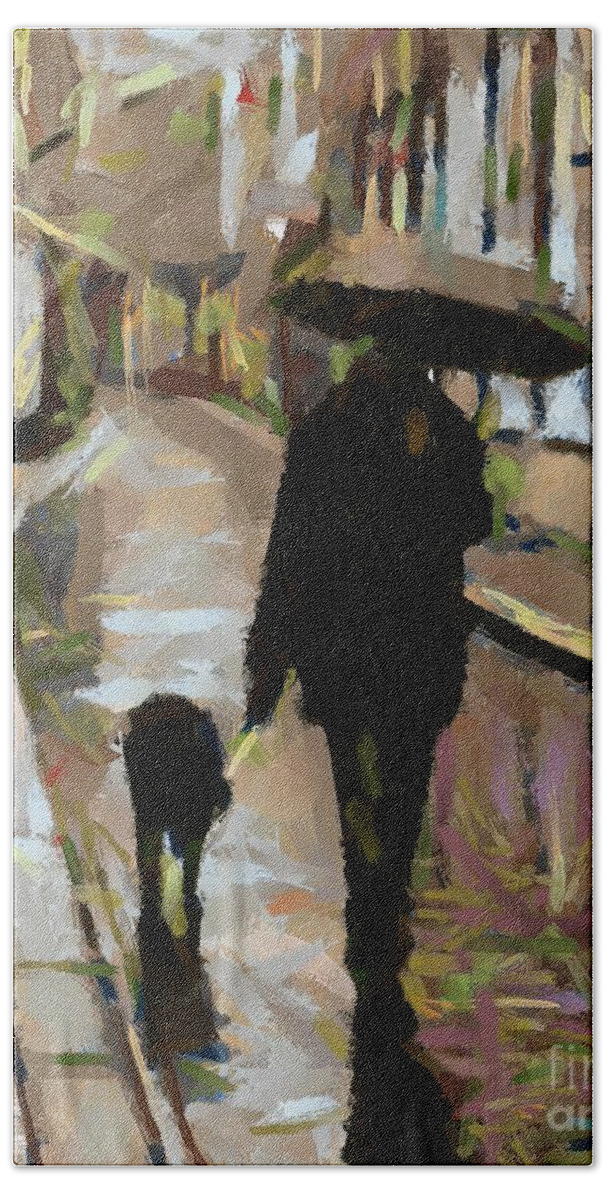 Man Bath Towel featuring the painting The rainy walk by Dragica Micki Fortuna
