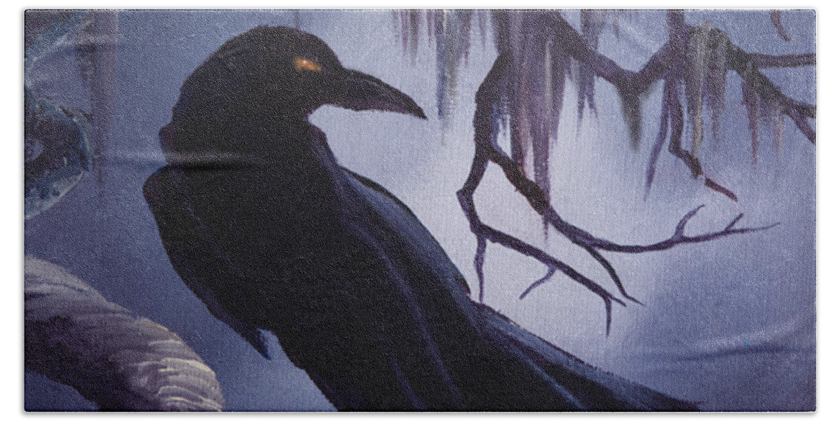 James C. Hill Hand Towel featuring the painting The Raven by James Hill