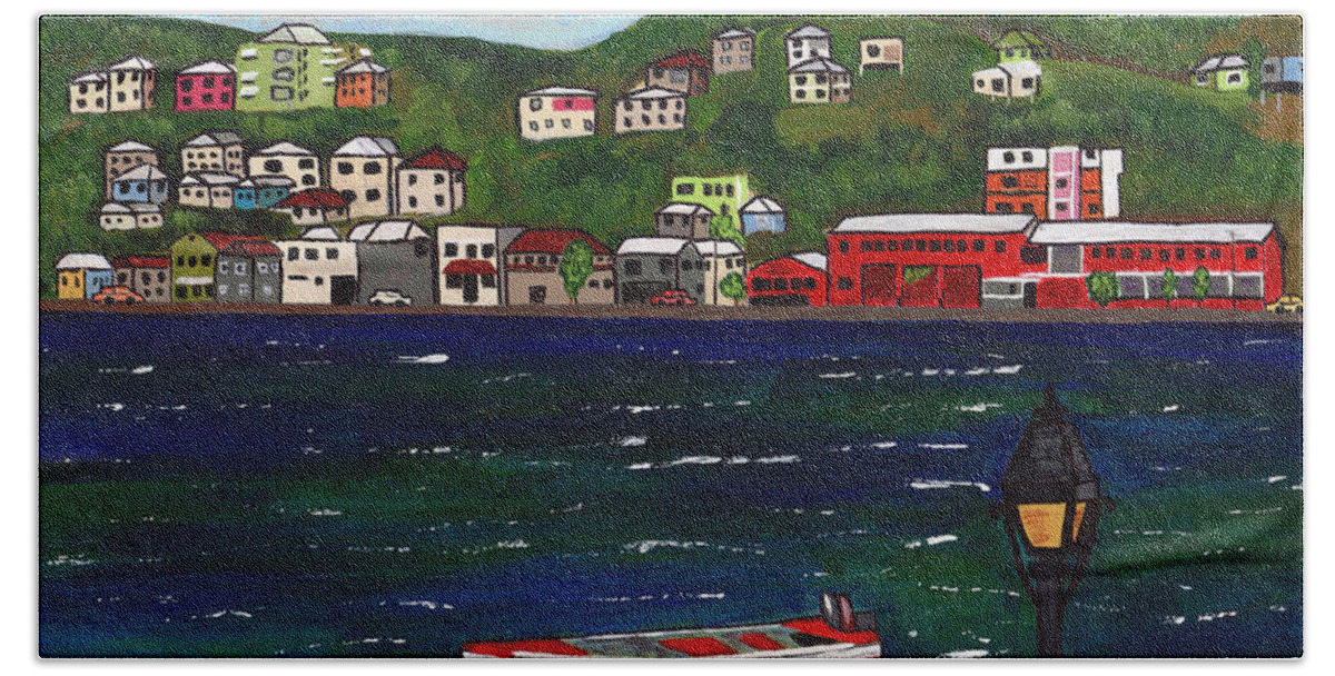 Grenada Bath Towel featuring the painting The Red and White Fishing Boat Carenage Grenada by Laura Forde