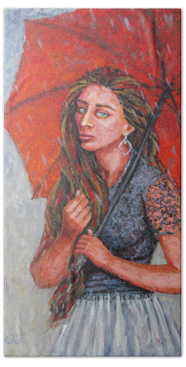 Umbrella Bath Towel featuring the painting The Red Umbrella by Jyotika Shroff