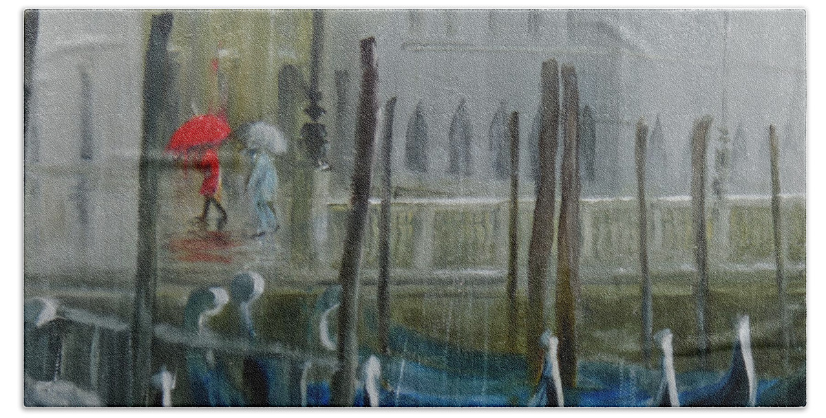 Venice Hand Towel featuring the painting The Red Umbrella by Maryann Boysen