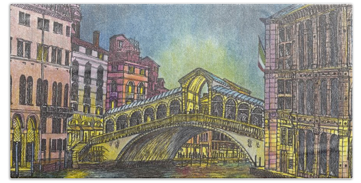 Light Reflections Hand Towel featuring the mixed media Relections of Light and the Rialto Bridge An Evening in Venice by Carol Wisniewski