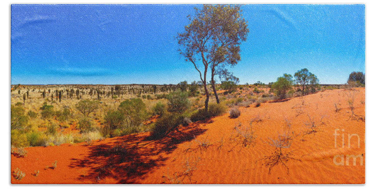 The Road To Uluru Outback Landscape Central Australia Australian Gum Tree Desert Arid Sand Dunes  Bath Towel featuring the photograph The Road to Uluru by Bill Robinson
