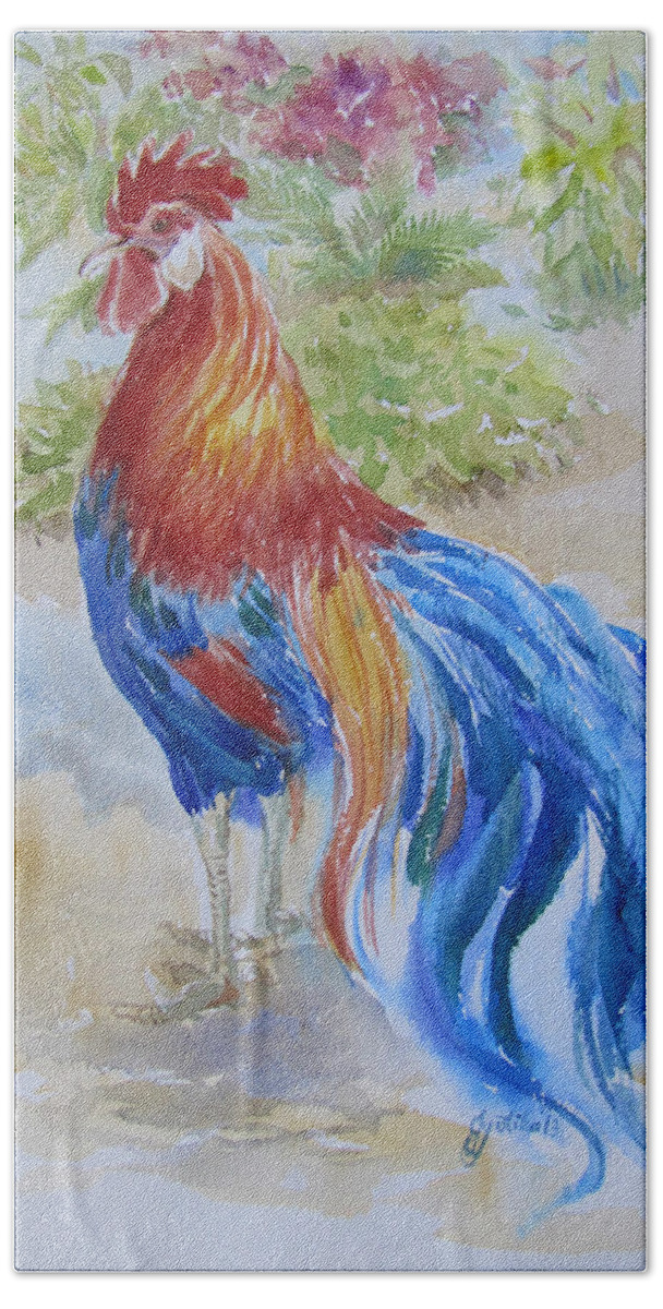 Rooster Bath Towel featuring the painting Long Tail Rooster by Jyotika Shroff