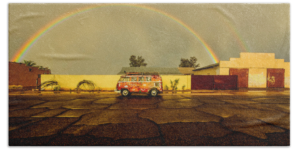 Vw Hand Towel featuring the photograph The Rustybus Enjoys the Golden Light Under the Rainbow by Richard Kimbrough