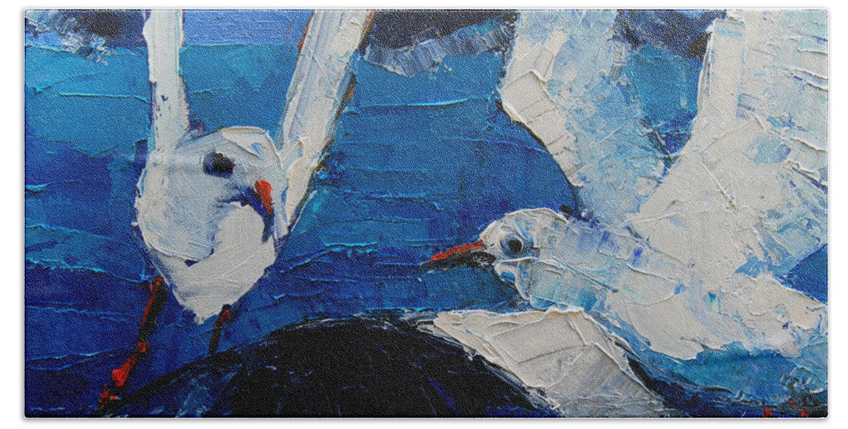 The Seagulls Hand Towel featuring the painting The Seagulls by Mona Edulesco